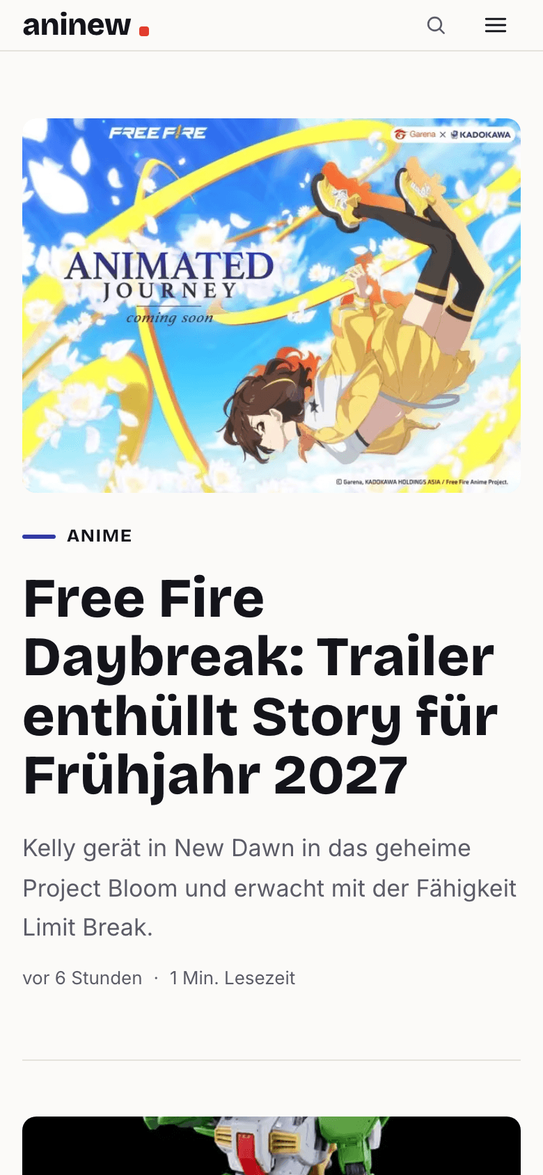 Screenshot der Website aninew (Handy)