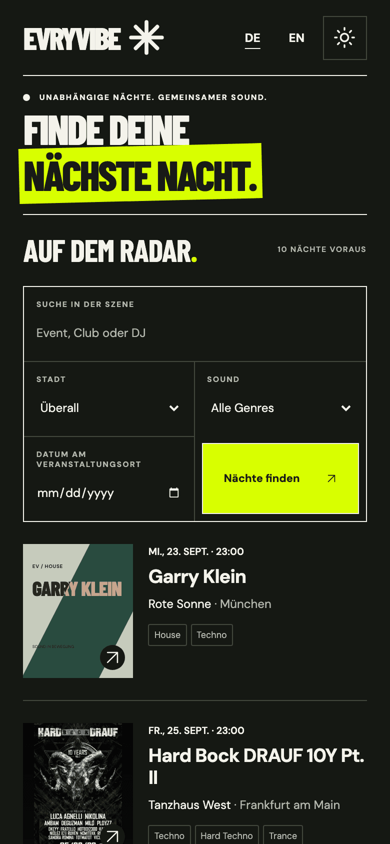Screenshot der Website EVRYVIBE (Handy)