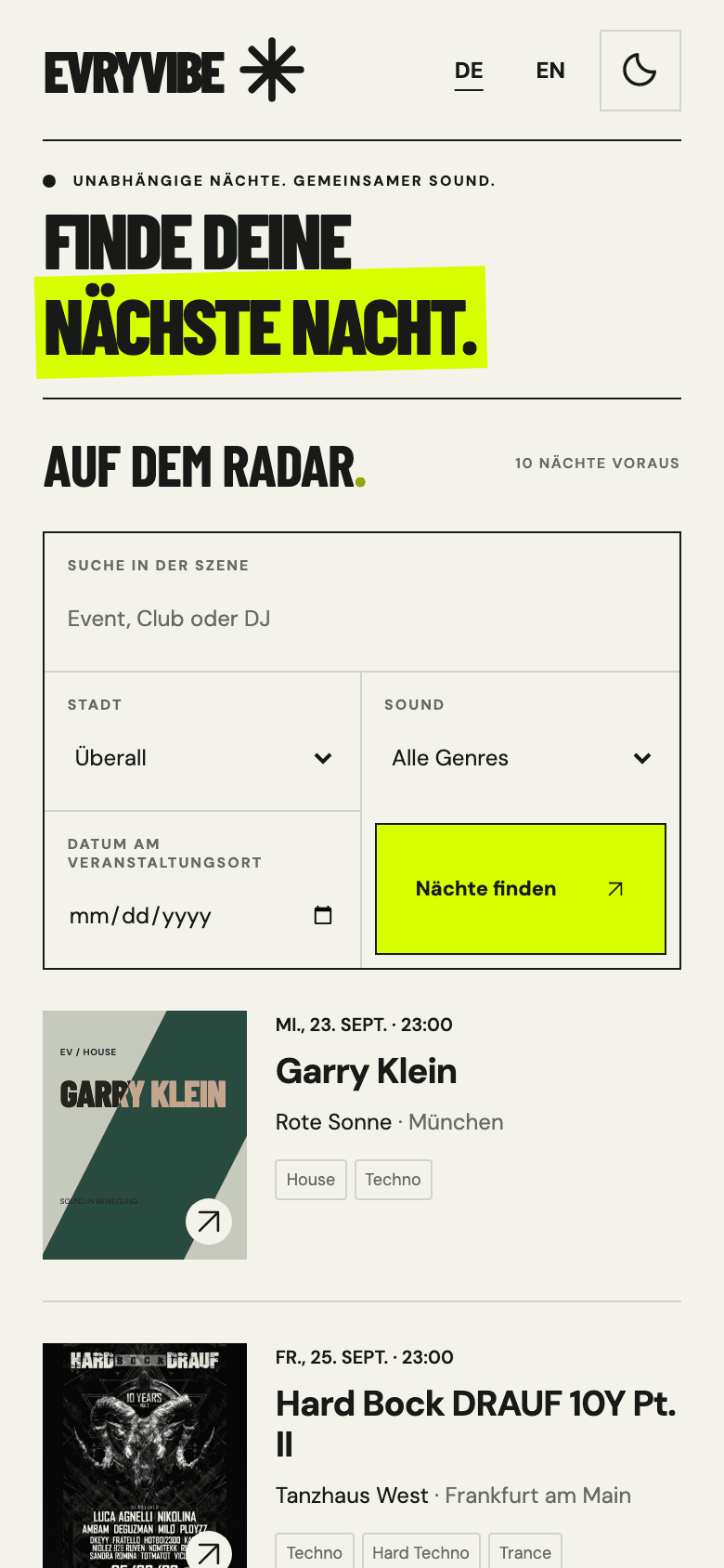 Screenshot der Website EVRYVIBE (Handy)