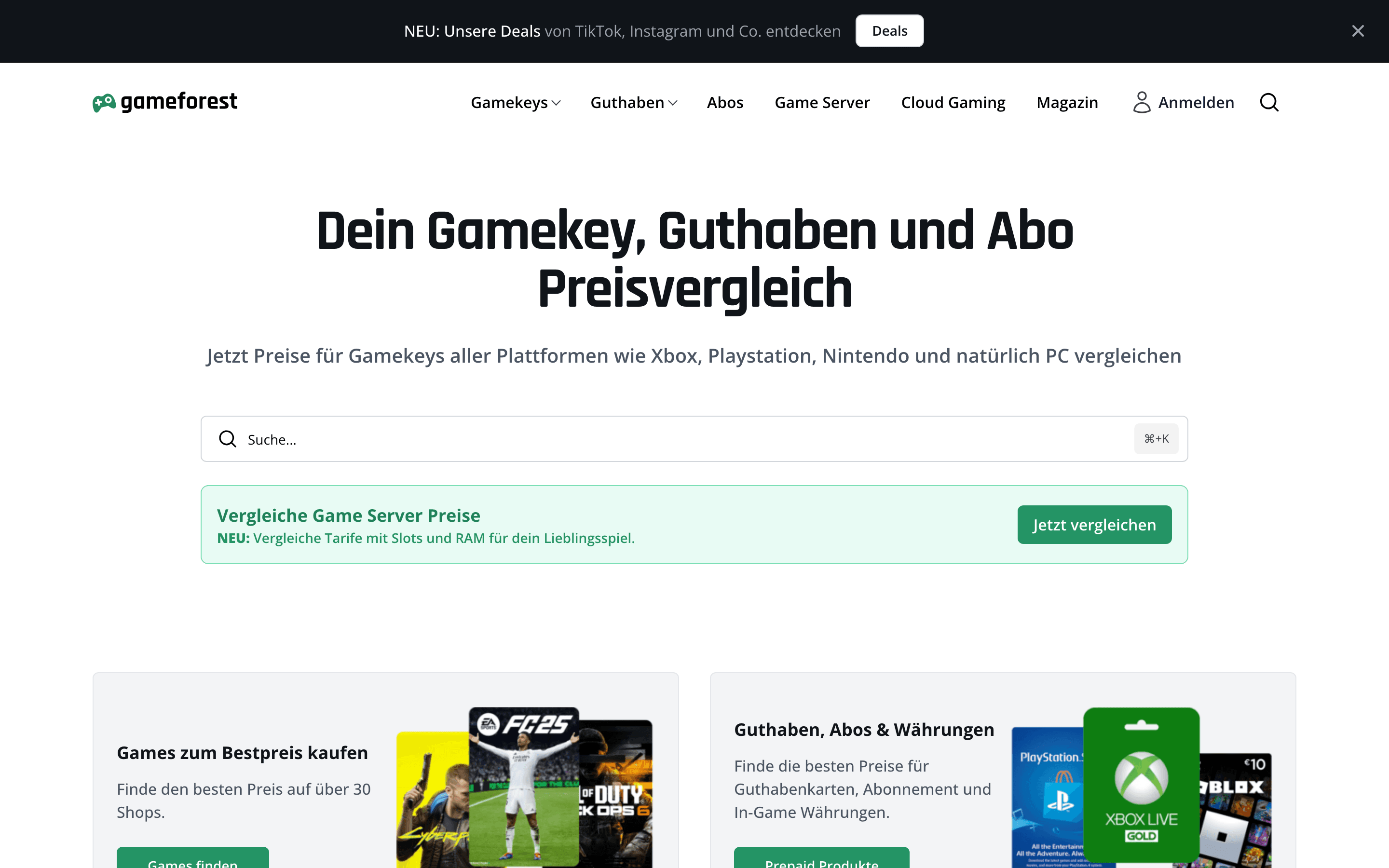 Screenshot der Website Gameforest (Desktop)