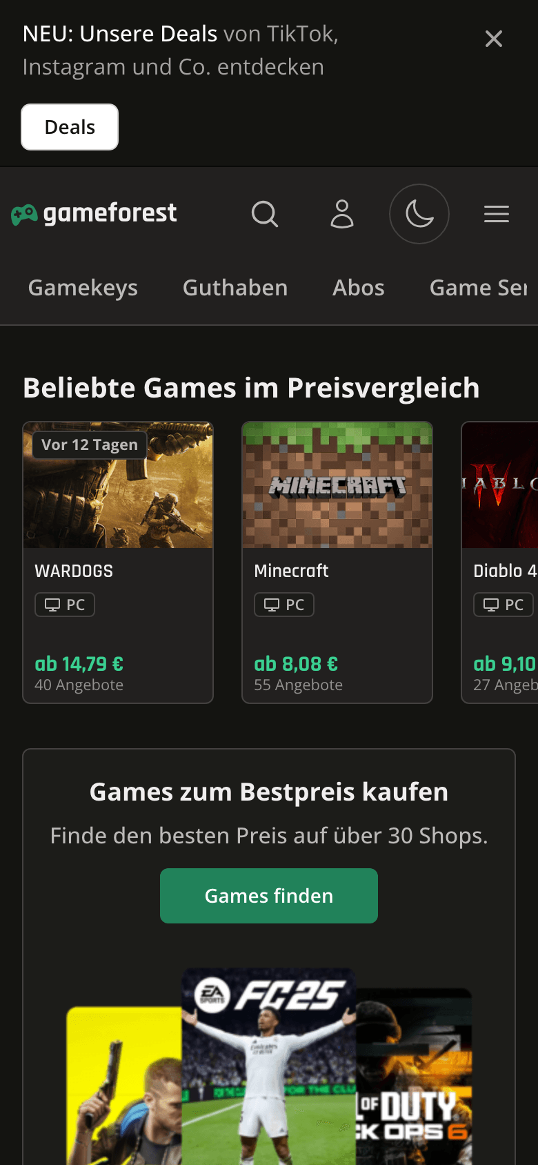 Screenshot der Website Gameforest (Handy)