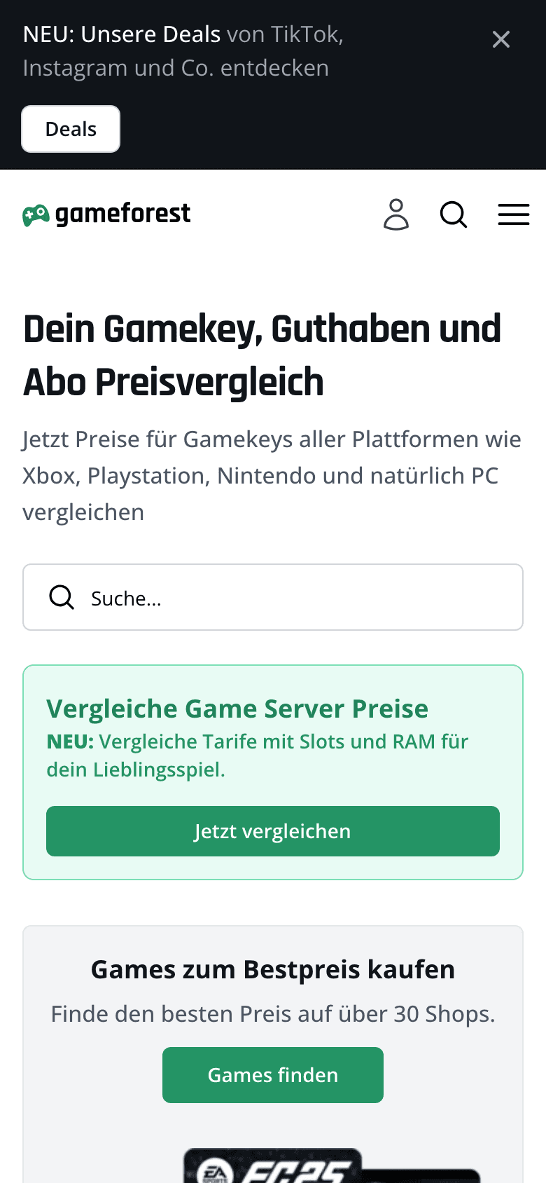 Screenshot der Website Gameforest (Handy)