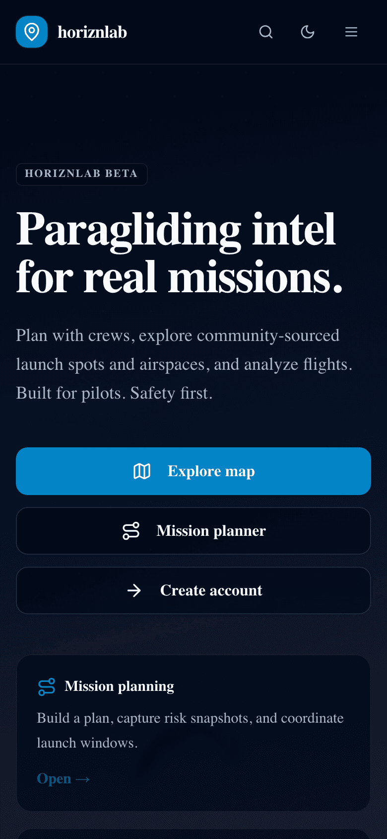 Screenshot der Website horiznlab (Handy)