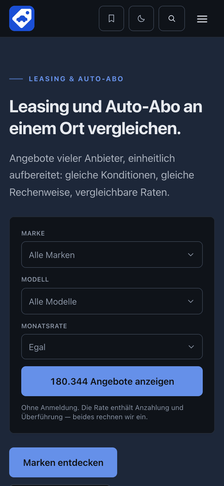 Screenshot der Website Preiswert Leasen (Handy)