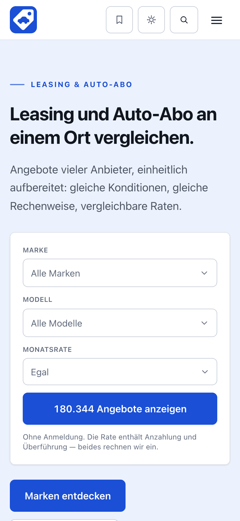 Screenshot der Website Preiswert Leasen (Handy)