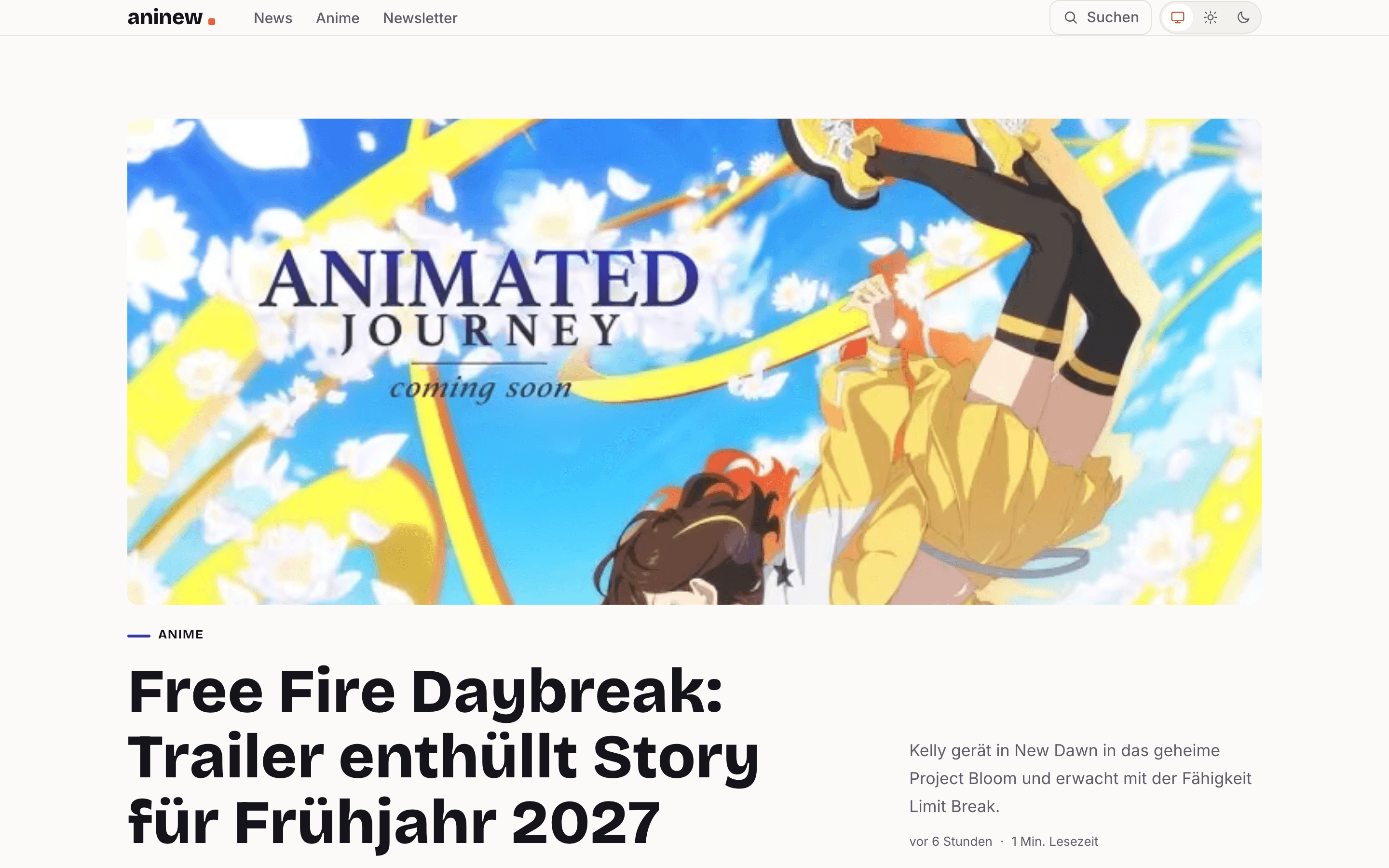 Screenshot der Website aninew (Desktop)