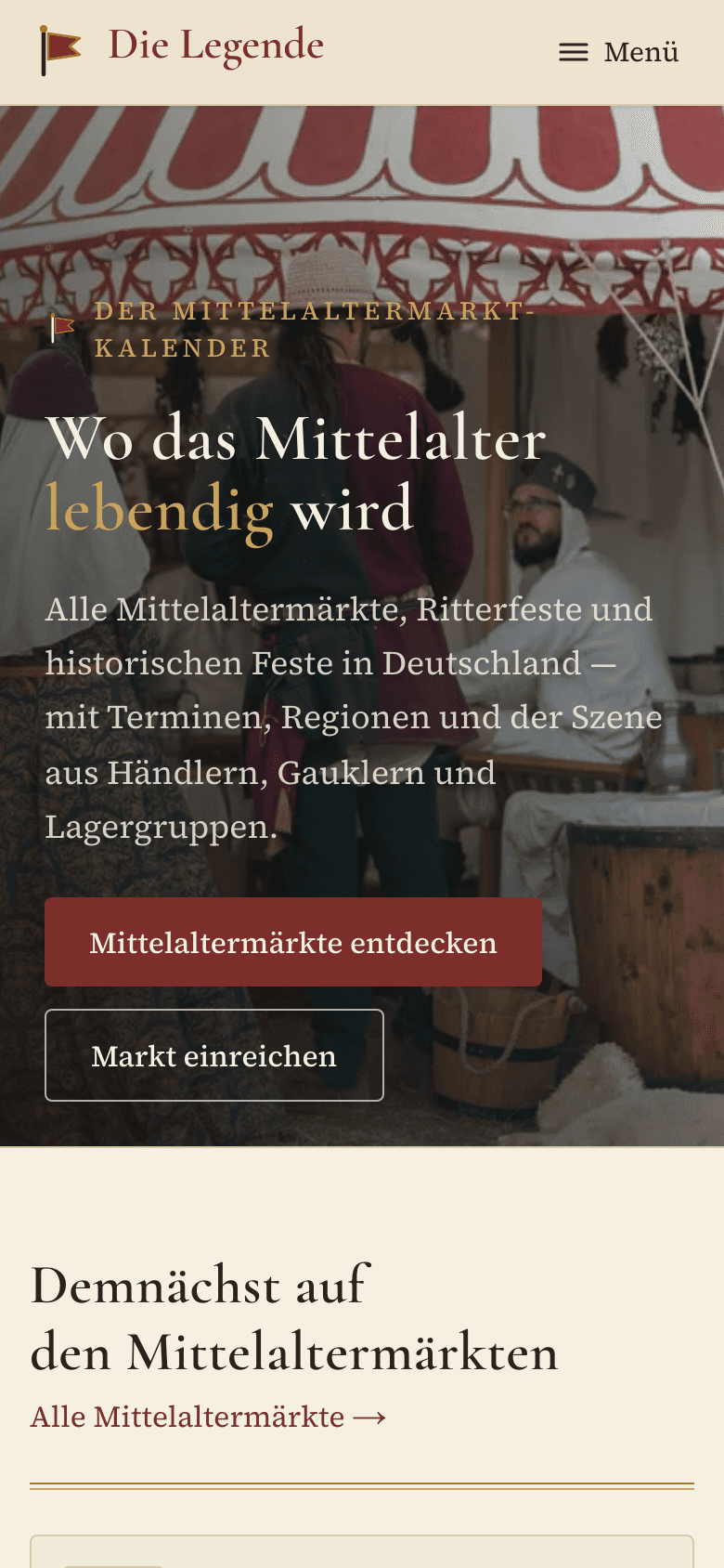 Die Website dielegende.de auf dem Handy — Verzeichnis und Kalender für Mittelaltermärkte