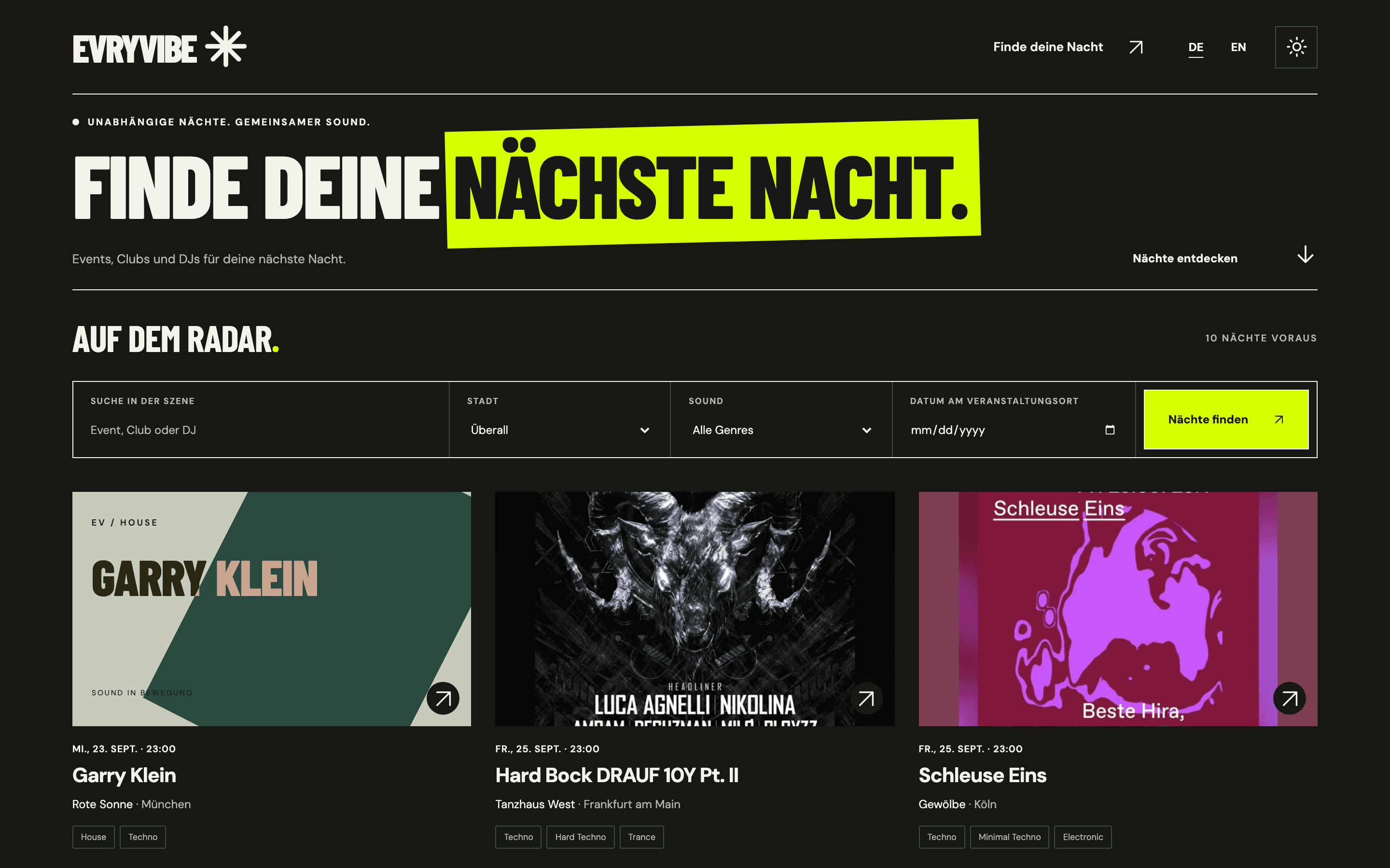 Screenshot der Website EVRYVIBE (Desktop)