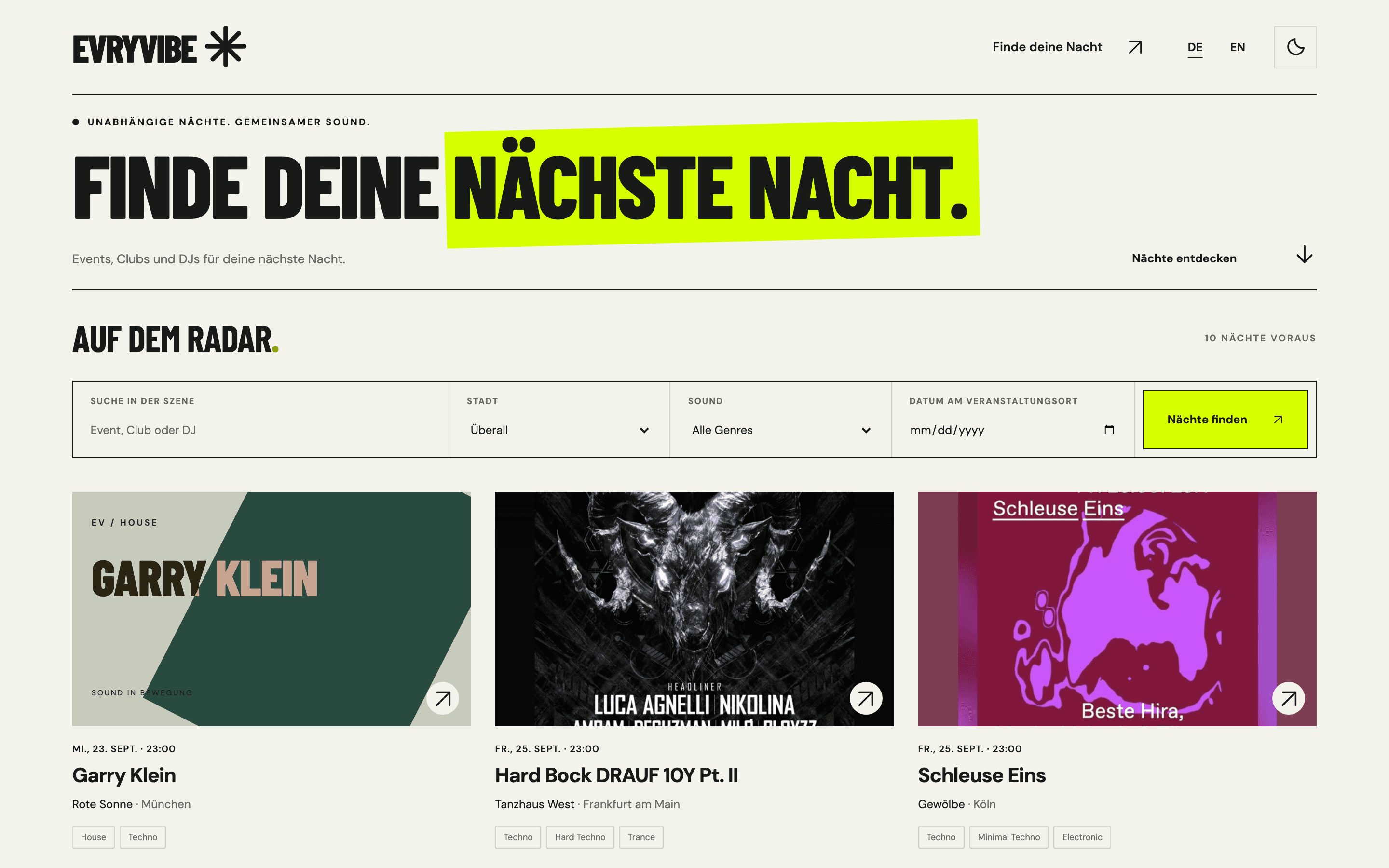 Screenshot der Website EVRYVIBE (Desktop)