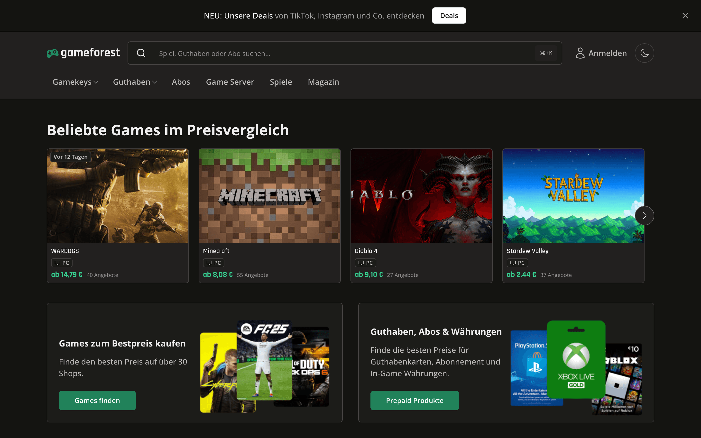 Screenshot der Website Gameforest (Desktop)