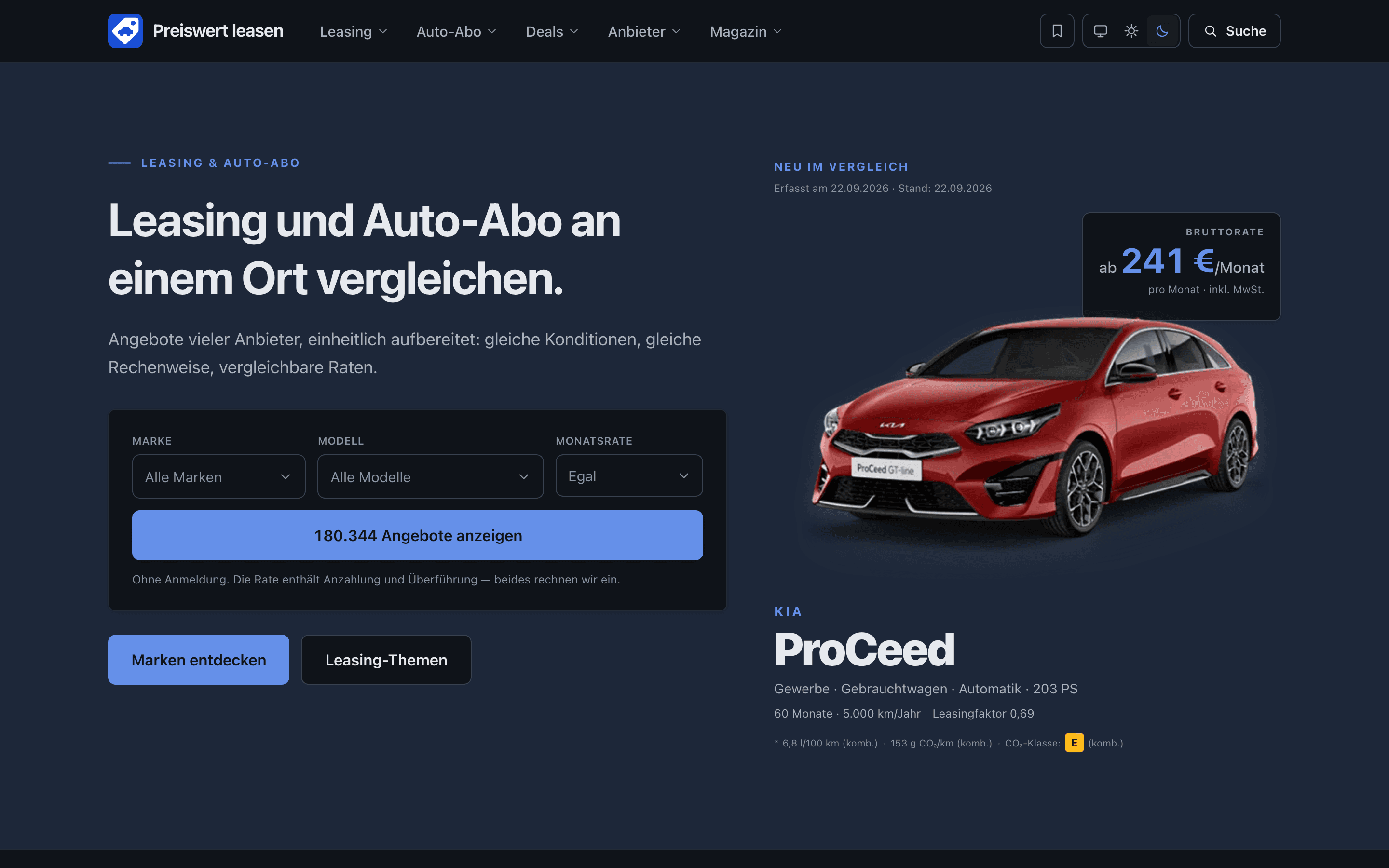 Screenshot der Website Preiswert Leasen (Desktop)