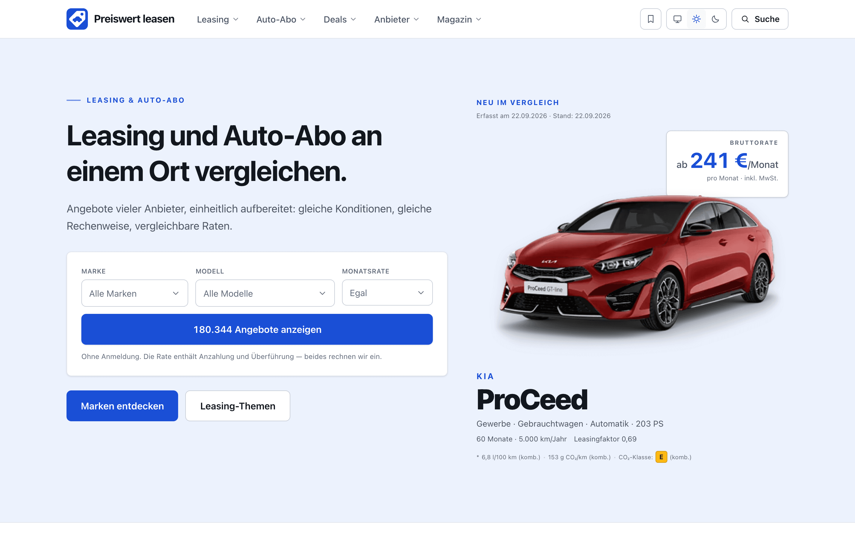Screenshot der Website Preiswert Leasen (Desktop)